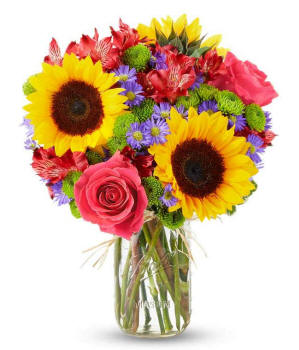 Arizona Floral arrangement featuring sunflowers, red alstroemeria, pink roses (in deluxe and premium versions), purple monte casino, and green button poms in a mason jar vase, with a personalized card message.