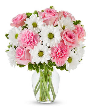Pink roses, pink carnations and white daisies in a pink vase for Arizona delivery.
