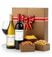 Two fine California wines and gourmet snacks for pairing are featured in a keepsake wine box exclusive to GiftTree. Two custom-made compartments house the wine securely and provide a unique way for them to be displayed at any party or event.