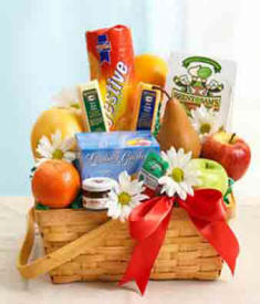 Fruit Basket With Gourmet Foods and Flowers $59.99